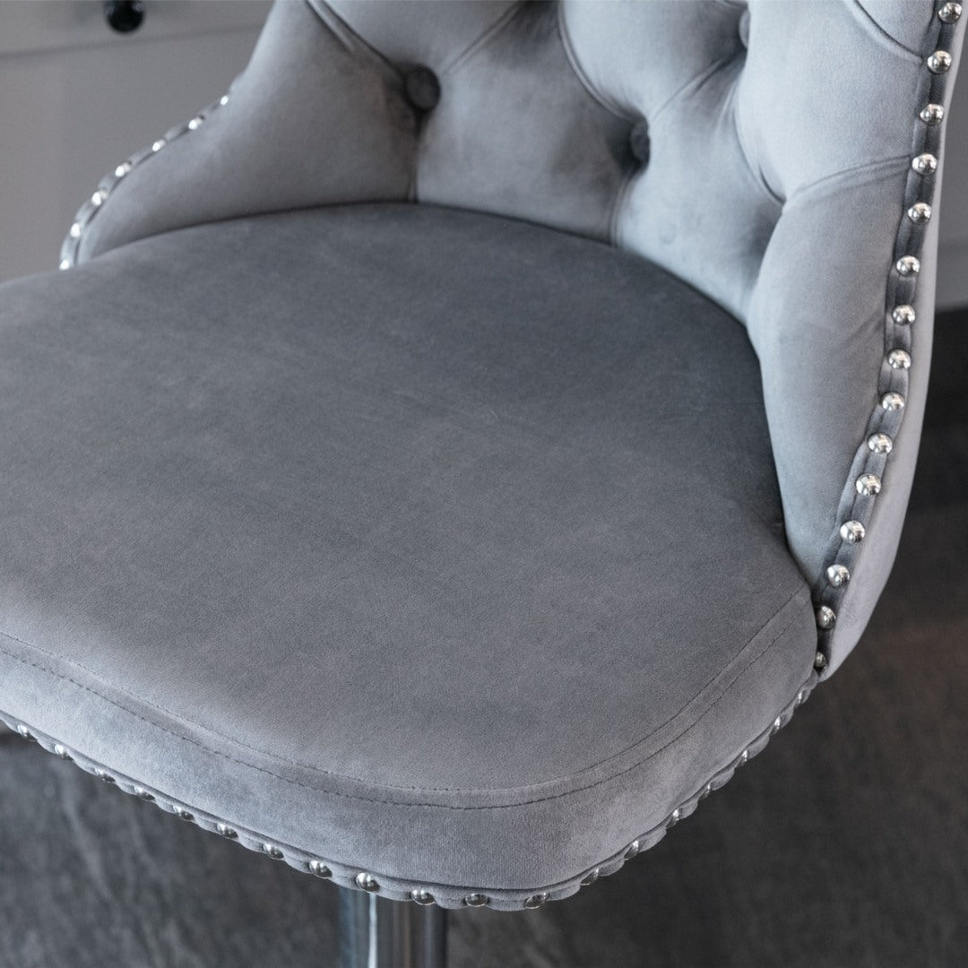 2x Height Adjustable Swivel Bar Stool Velvet Stud Barstool with Footrest and Chromed Base- Gray - Cosy Abode