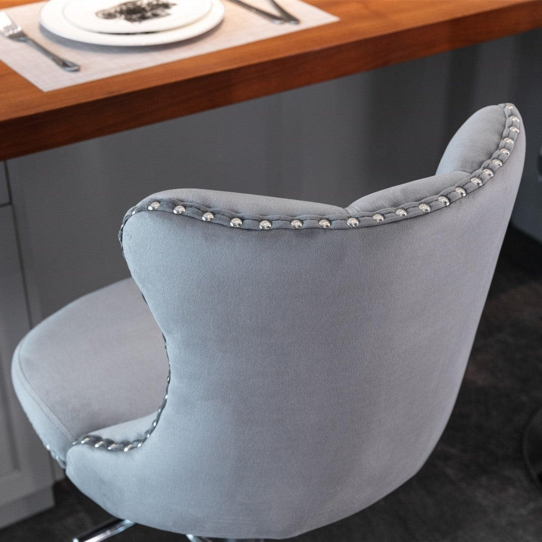 2x Height Adjustable Swivel Bar Stool Velvet Stud Barstool with Footrest and Chromed Base- Gray - Cosy Abode