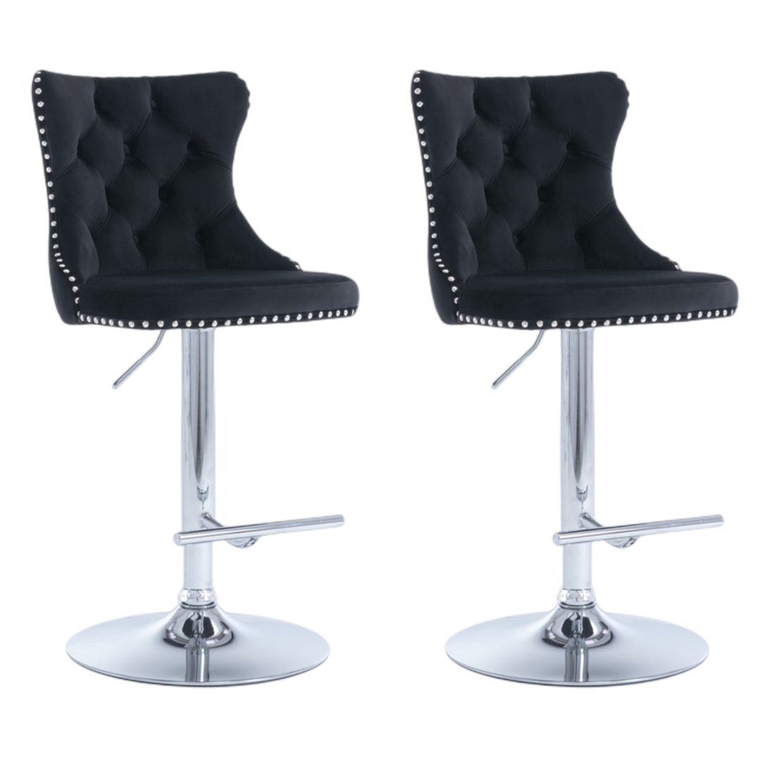 2x Height Adjustable Swivel Bar Stool Velvet Studs Barstool with Footrest and Chromed Base- Black - Cosy Abode
