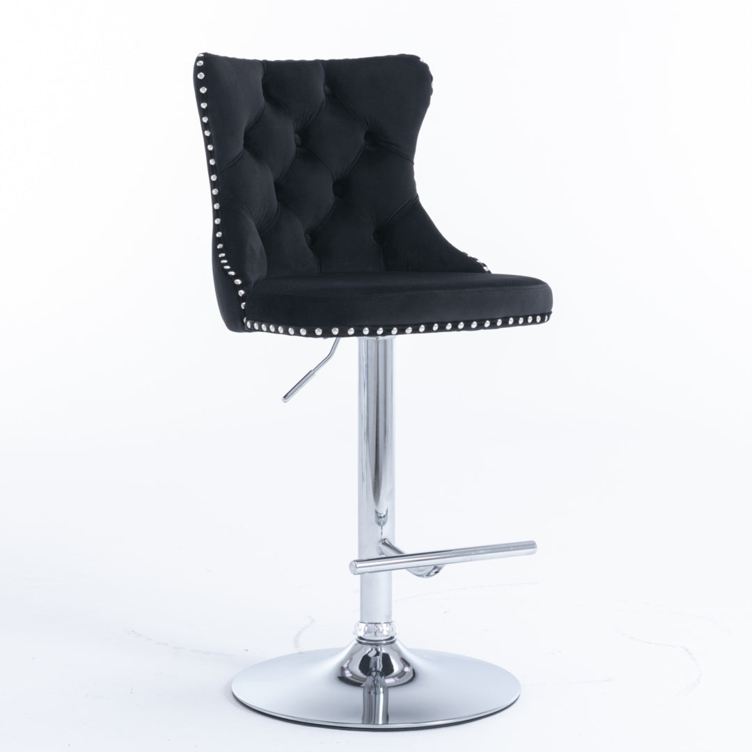 2x Height Adjustable Swivel Bar Stool Velvet Studs Barstool with Footrest and Chromed Base- Black - Cosy Abode