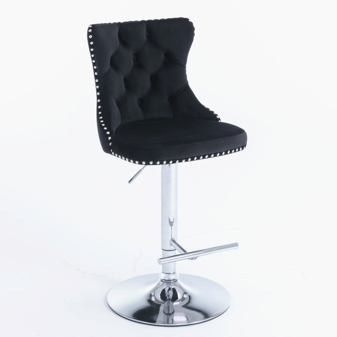 2x Height Adjustable Swivel Bar Stool Velvet Studs Barstool with Footrest and Chromed Base- Black - Cosy Abode