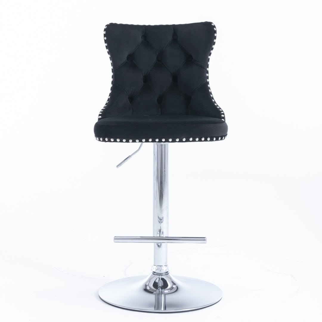 2x Height Adjustable Swivel Bar Stool Velvet Studs Barstool with Footrest and Chromed Base- Black - Cosy Abode