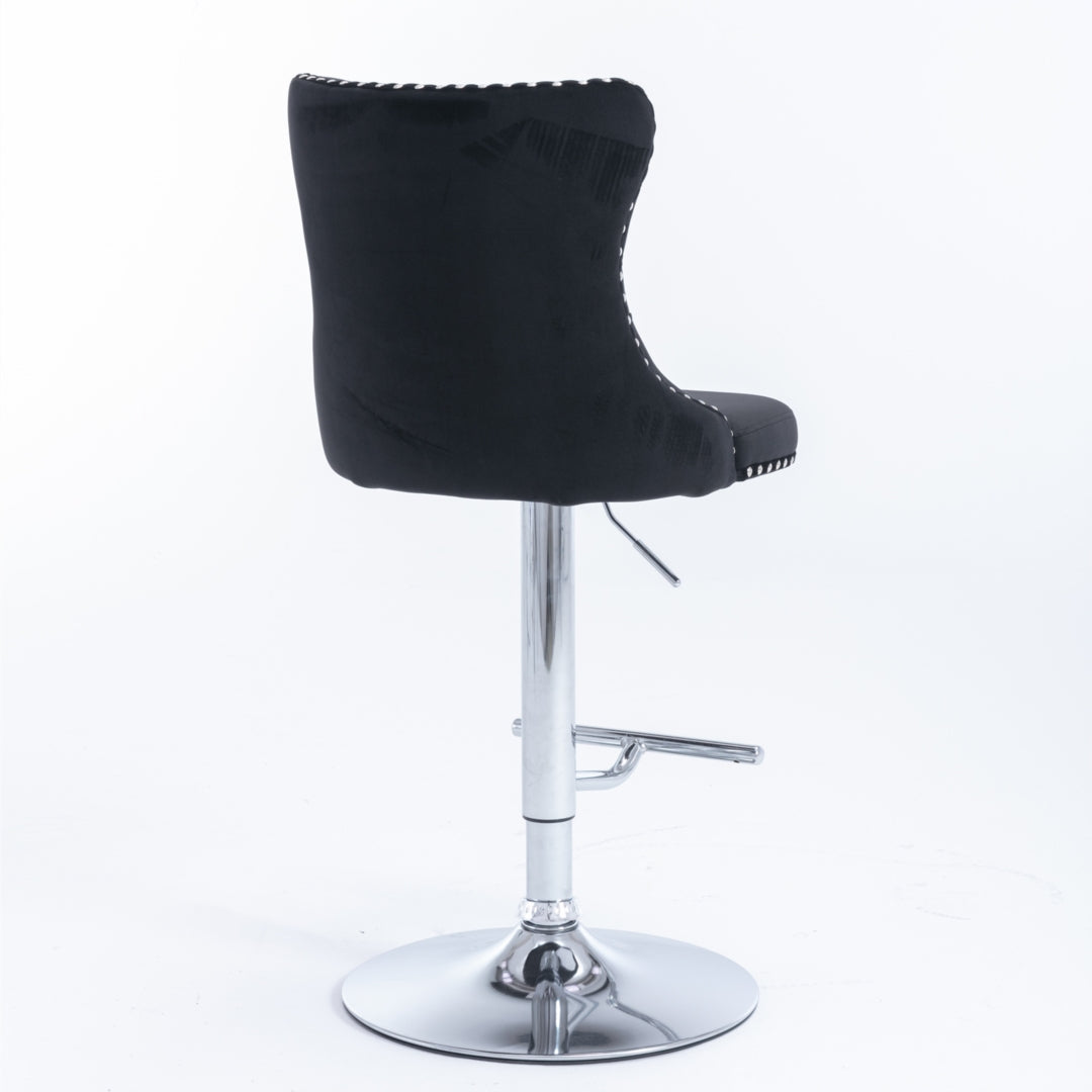 2x Height Adjustable Swivel Bar Stool Velvet Studs Barstool with Footrest and Chromed Base- Black - Cosy Abode