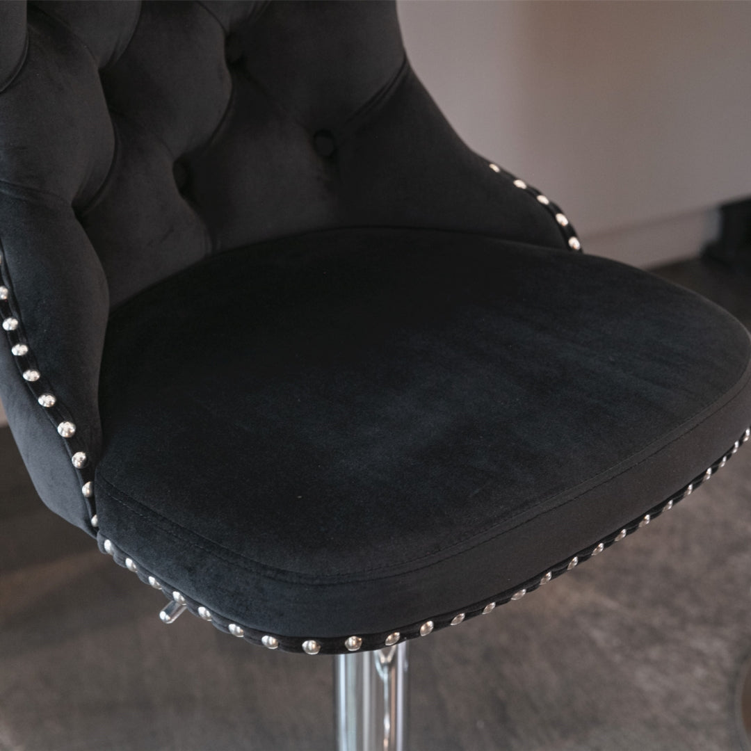 2x Height Adjustable Swivel Bar Stool Velvet Studs Barstool with Footrest and Chromed Base- Black - Cosy Abode