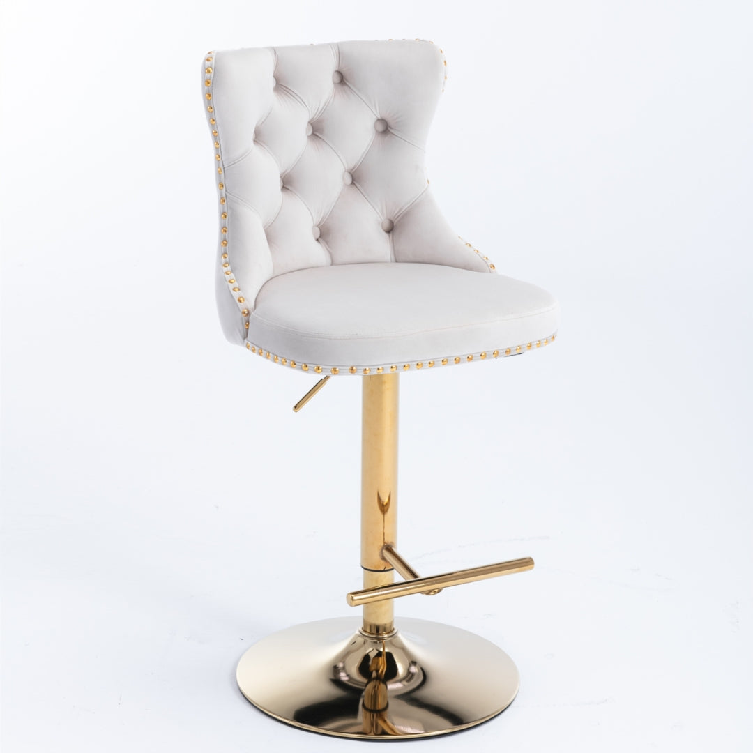2x Height Adjustable Swivel Bar Stool Velvet Studs Barstool with Footrest and Golden Base- Beige - Cosy Abode
