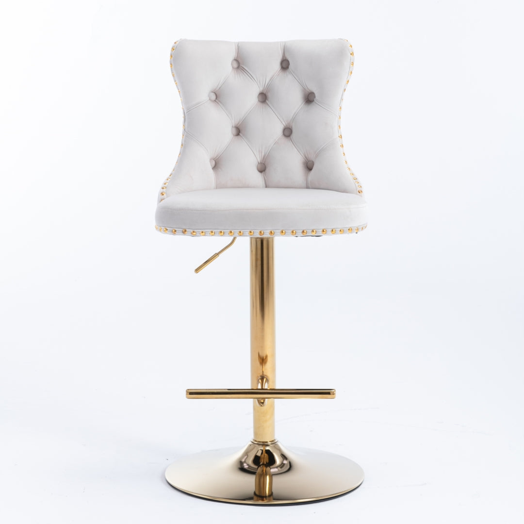 2x Height Adjustable Swivel Bar Stool Velvet Studs Barstool with Footrest and Golden Base- Beige - Cosy Abode