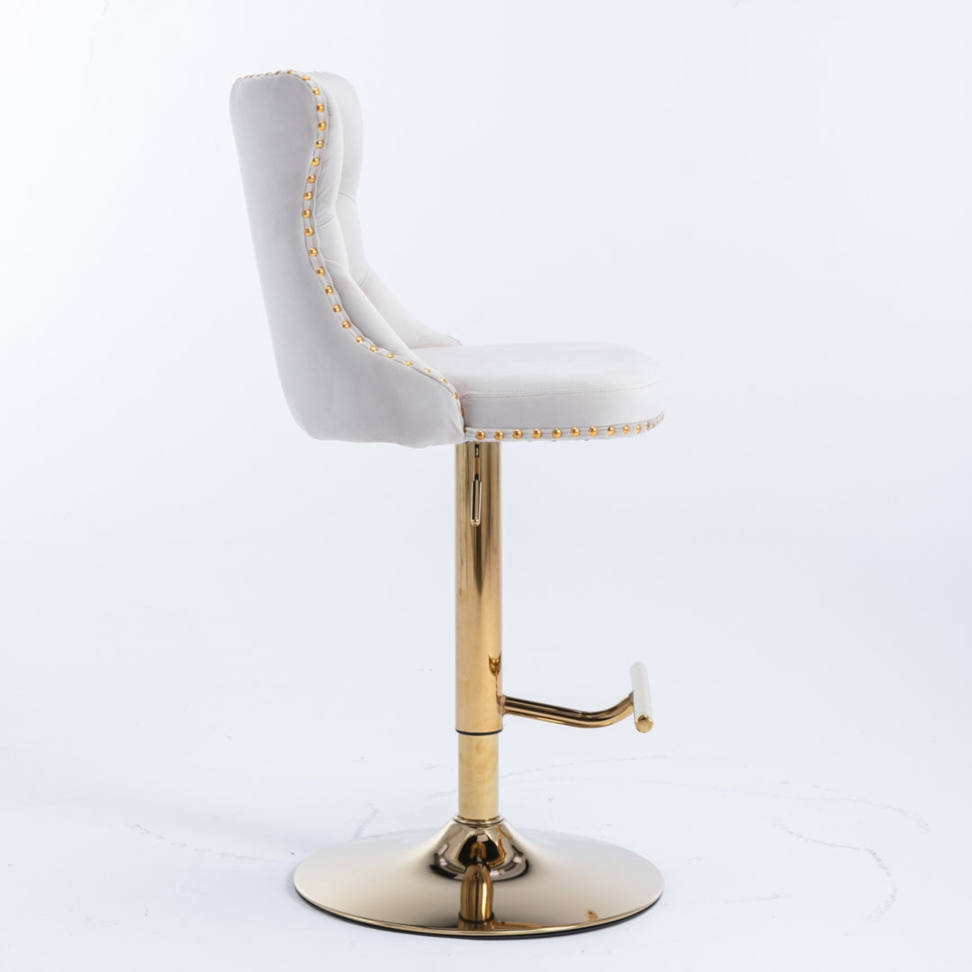 2x Height Adjustable Swivel Bar Stool Velvet Studs Barstool with Footrest and Golden Base- Beige - Cosy Abode
