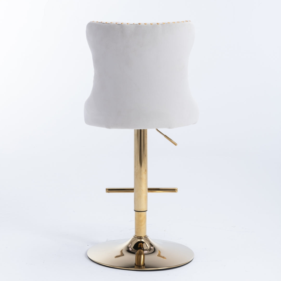 2x Height Adjustable Swivel Bar Stool Velvet Studs Barstool with Footrest and Golden Base- Beige - Cosy Abode