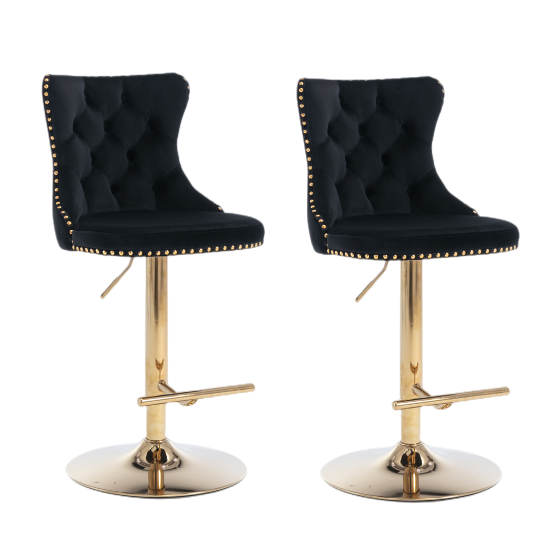 2x Height Adjustable Swivel Bar Stool Velvet Studs Barstool with Footrest and Golden Base- Black - Cosy Abode