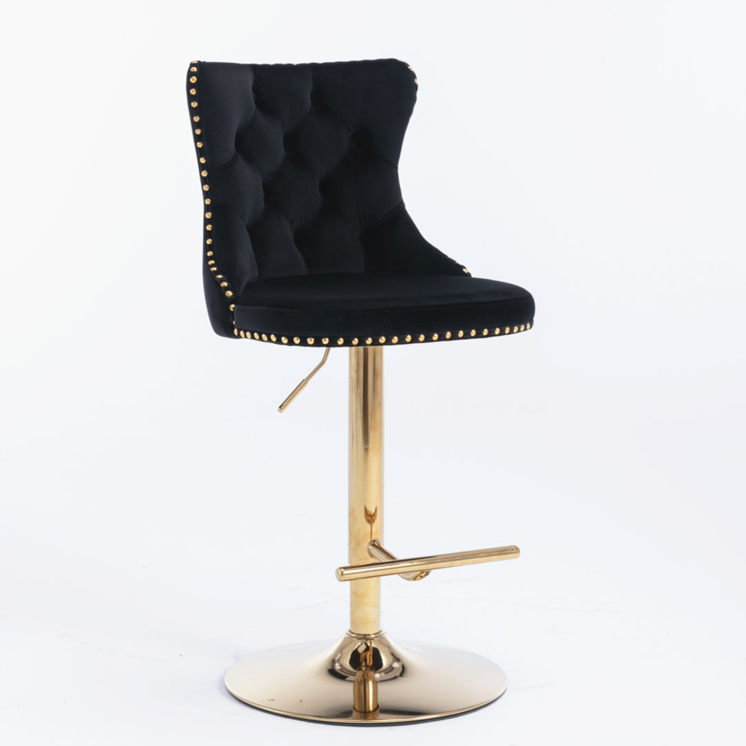2x Height Adjustable Swivel Bar Stool Velvet Studs Barstool with Footrest and Golden Base- Black - Cosy Abode