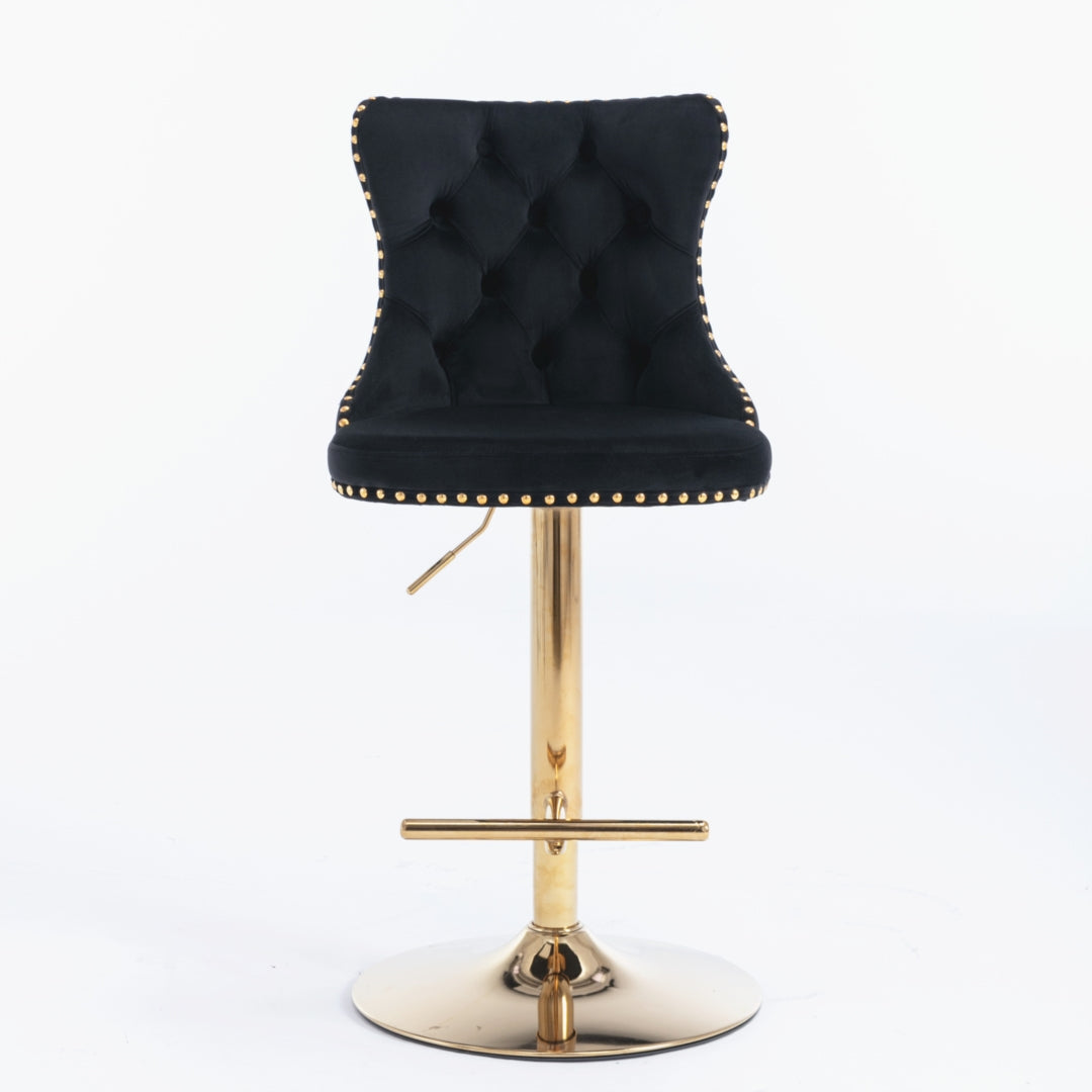 2x Height Adjustable Swivel Bar Stool Velvet Studs Barstool with Footrest and Golden Base- Black - Cosy Abode
