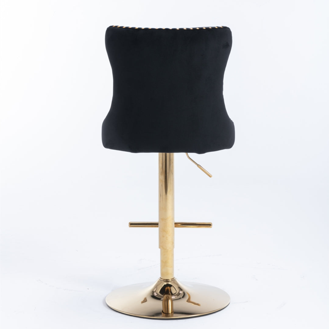 2x Height Adjustable Swivel Bar Stool Velvet Studs Barstool with Footrest and Golden Base- Black - Cosy Abode