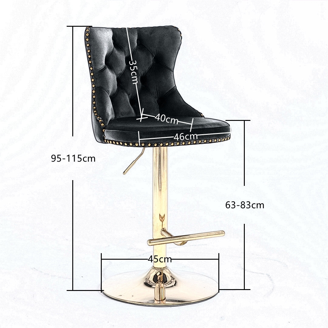 2x Height Adjustable Swivel Bar Stool Velvet Studs Barstool with Footrest and Golden Base- Black - Cosy Abode