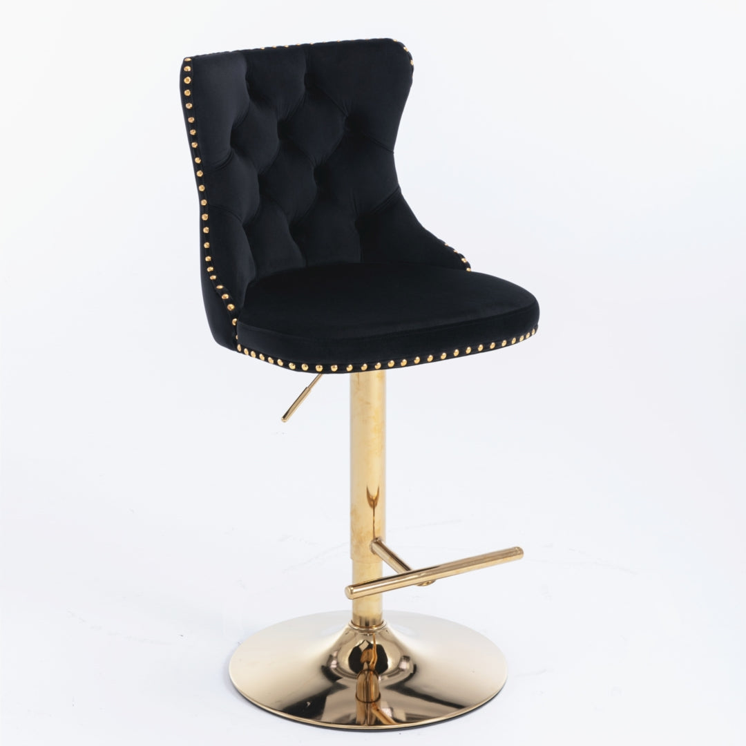 2x Height Adjustable Swivel Bar Stool Velvet Studs Barstool with Footrest and Golden Base- Black - Cosy Abode