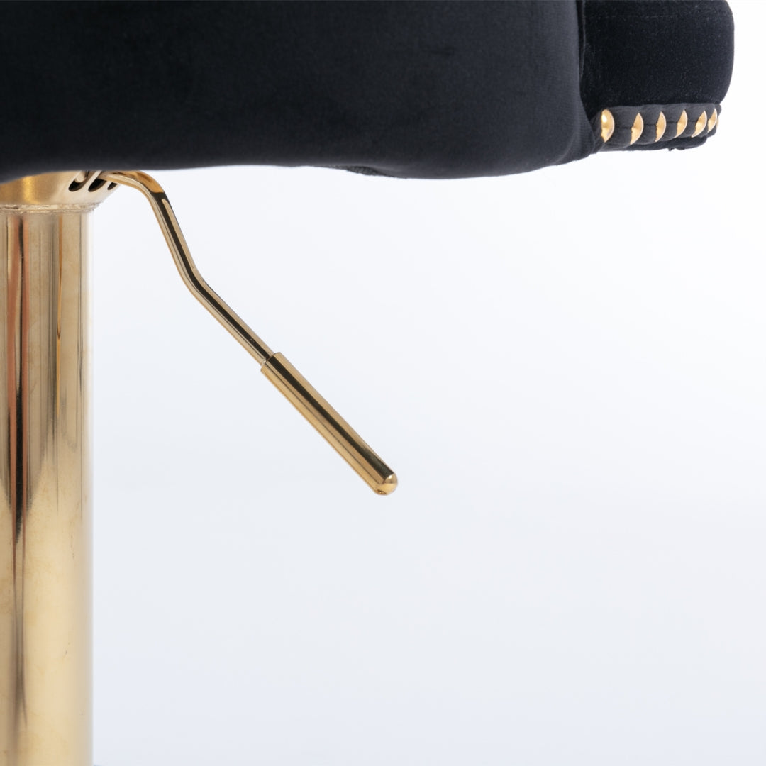 2x Height Adjustable Swivel Bar Stool Velvet Studs Barstool with Footrest and Golden Base- Black - Cosy Abode