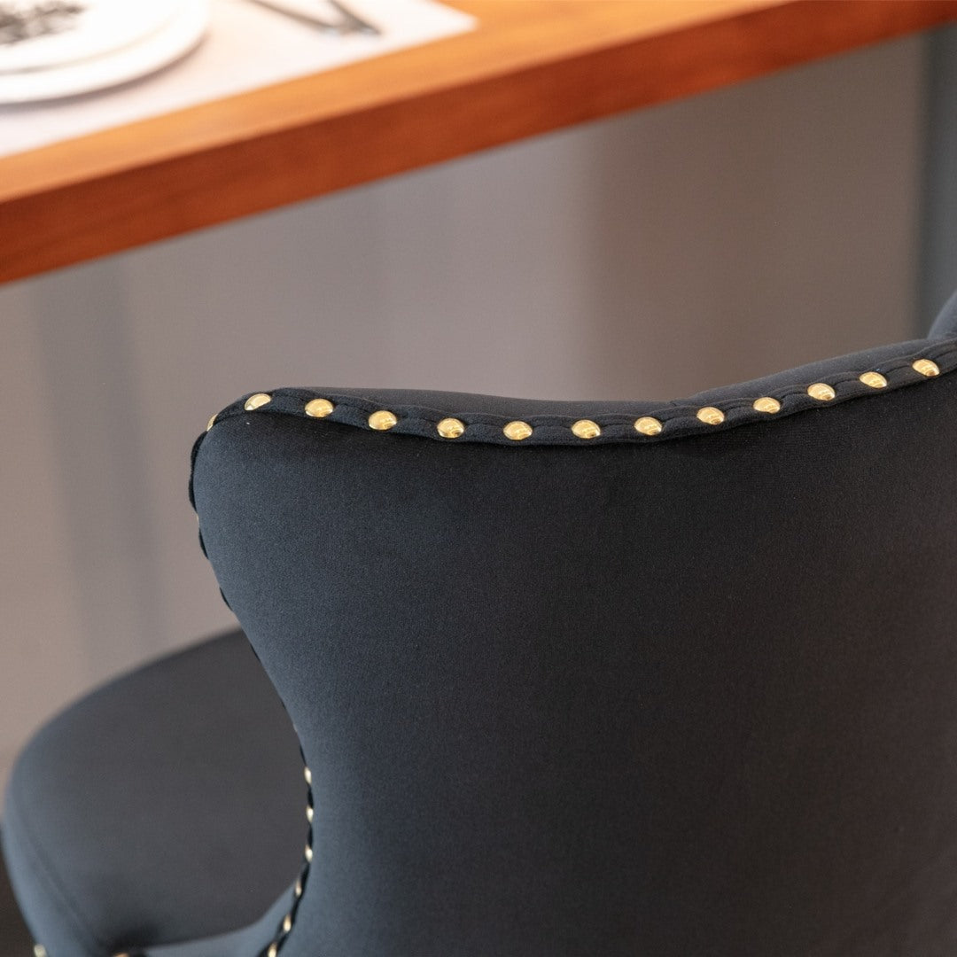 2x Height Adjustable Swivel Bar Stool Velvet Studs Barstool with Footrest and Golden Base- Black - Cosy Abode