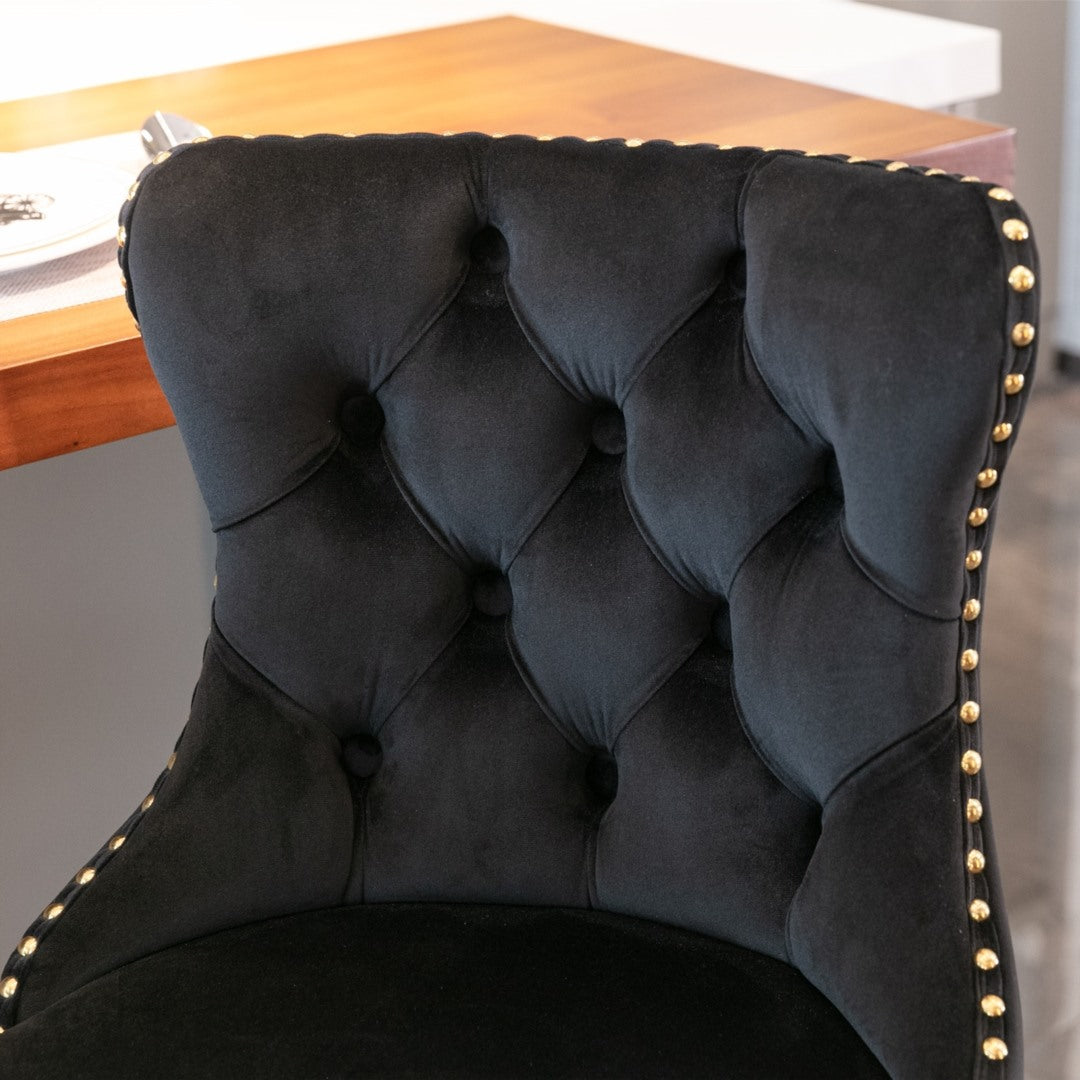 2x Height Adjustable Swivel Bar Stool Velvet Studs Barstool with Footrest and Golden Base- Black - Cosy Abode