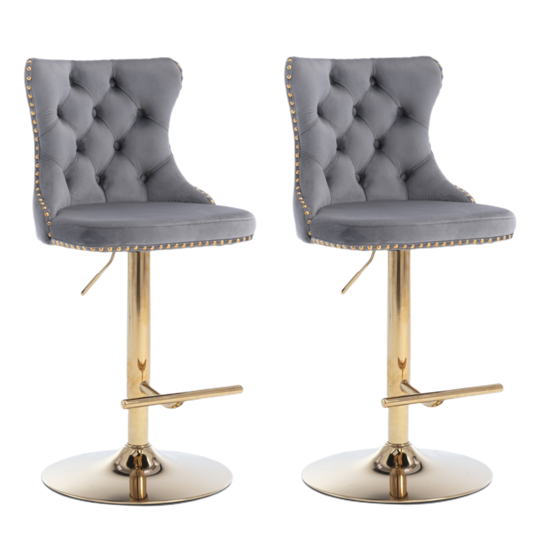 2x Height Adjustable Swivel Bar Stool Velvet Studs Barstool with Footrest and Golden Base- Grey - Cosy Abode