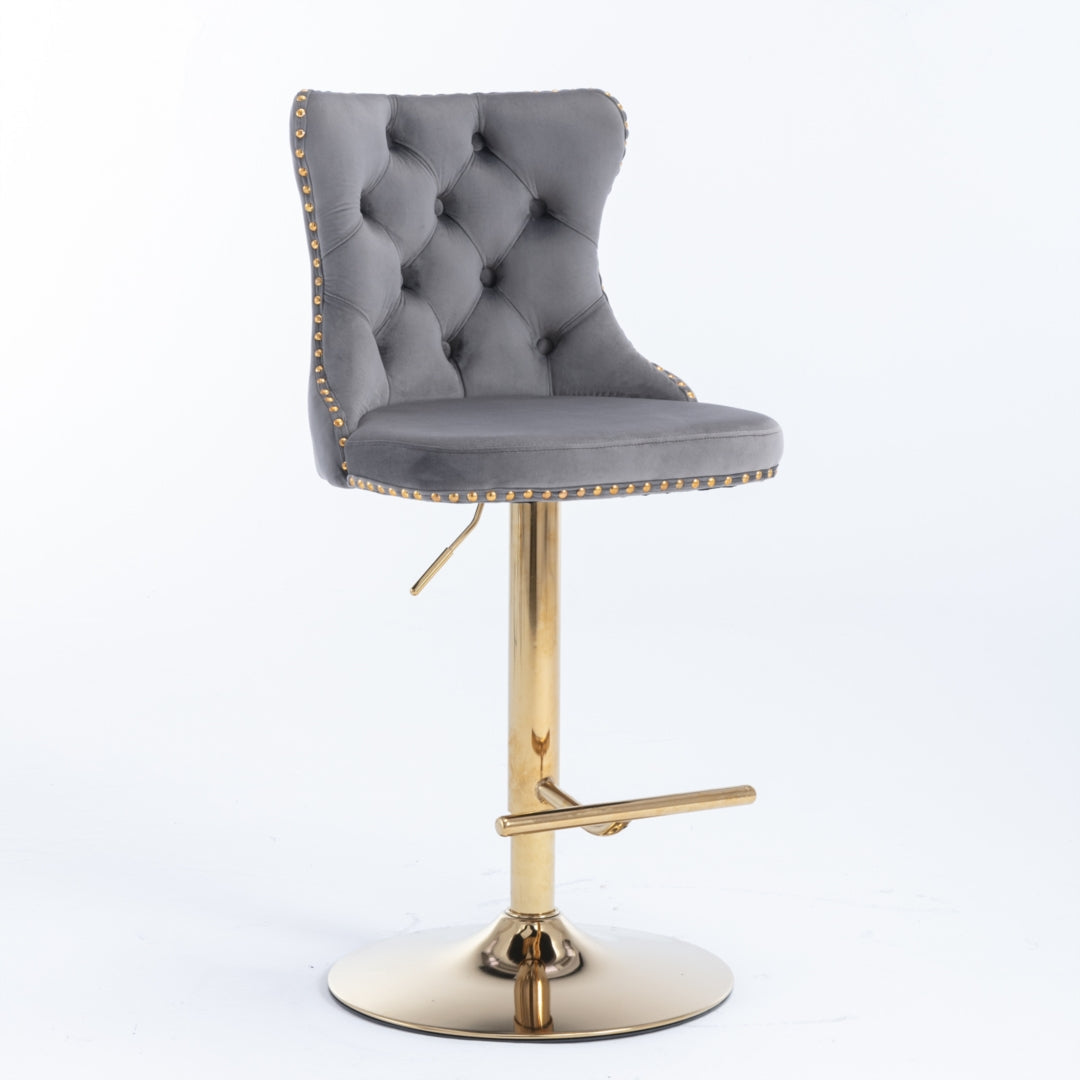 2x Height Adjustable Swivel Bar Stool Velvet Studs Barstool with Footrest and Golden Base- Grey - Cosy Abode