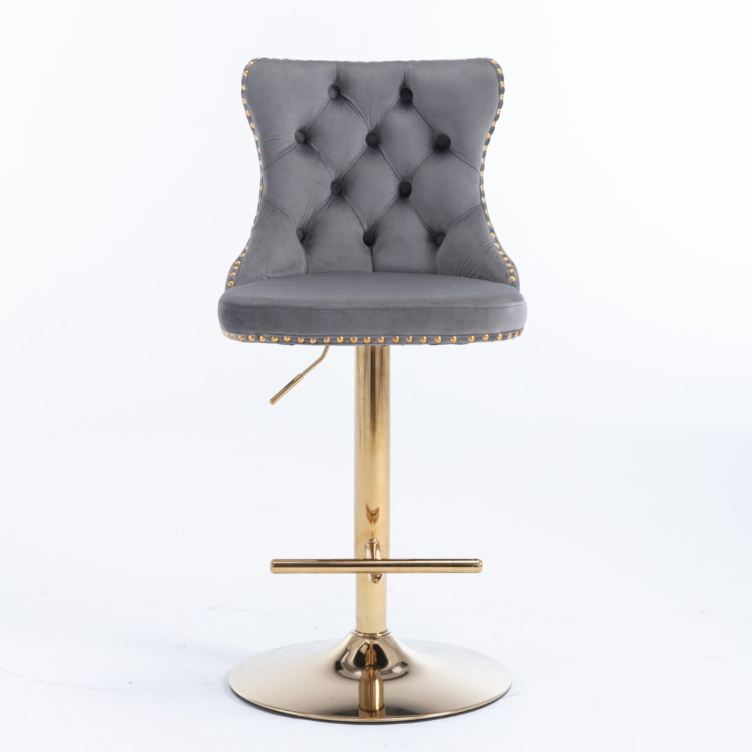 2x Height Adjustable Swivel Bar Stool Velvet Studs Barstool with Footrest and Golden Base- Grey - Cosy Abode