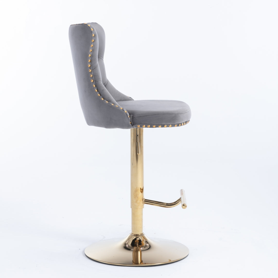 2x Height Adjustable Swivel Bar Stool Velvet Studs Barstool with Footrest and Golden Base- Grey - Cosy Abode