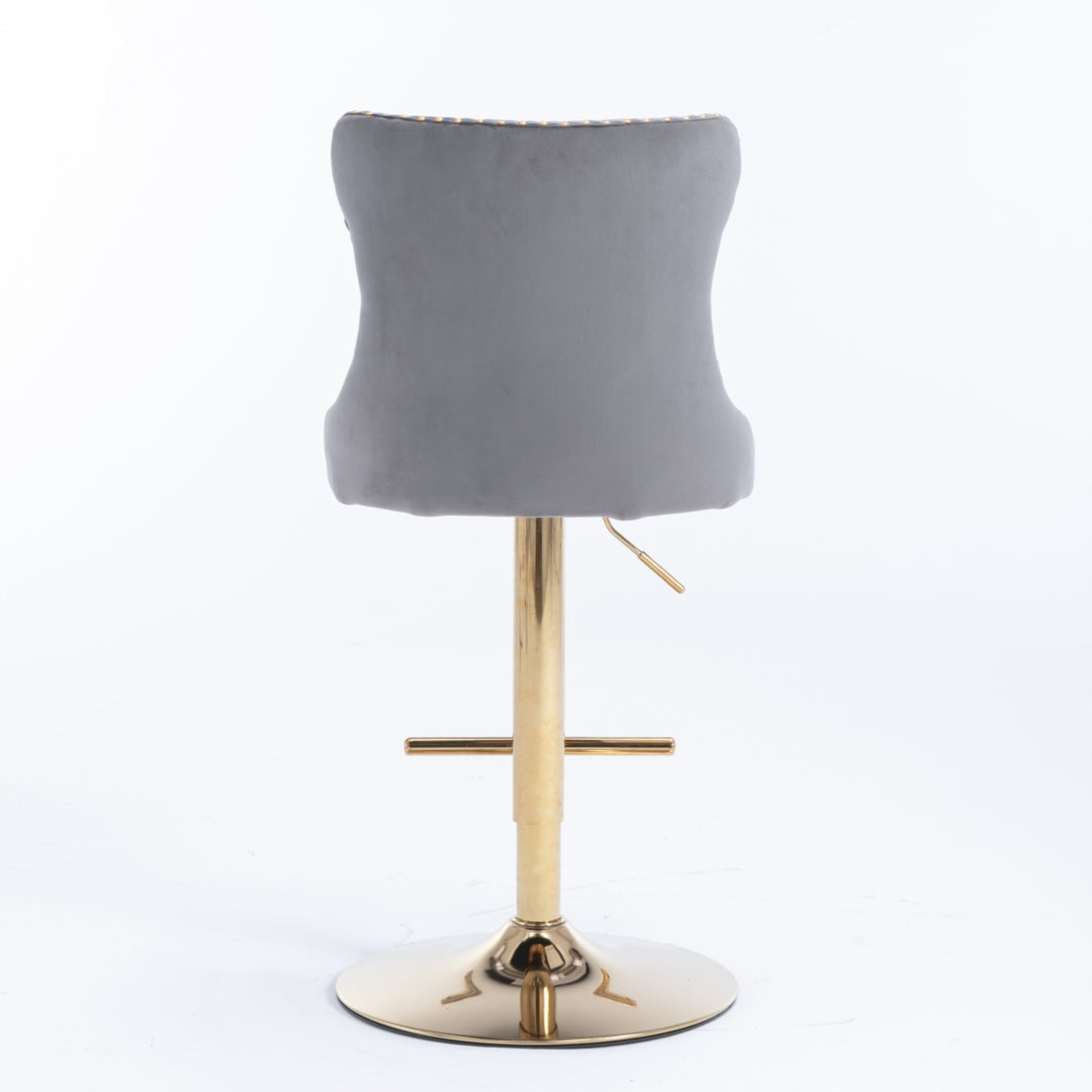 2x Height Adjustable Swivel Bar Stool Velvet Studs Barstool with Footrest and Golden Base- Grey - Cosy Abode