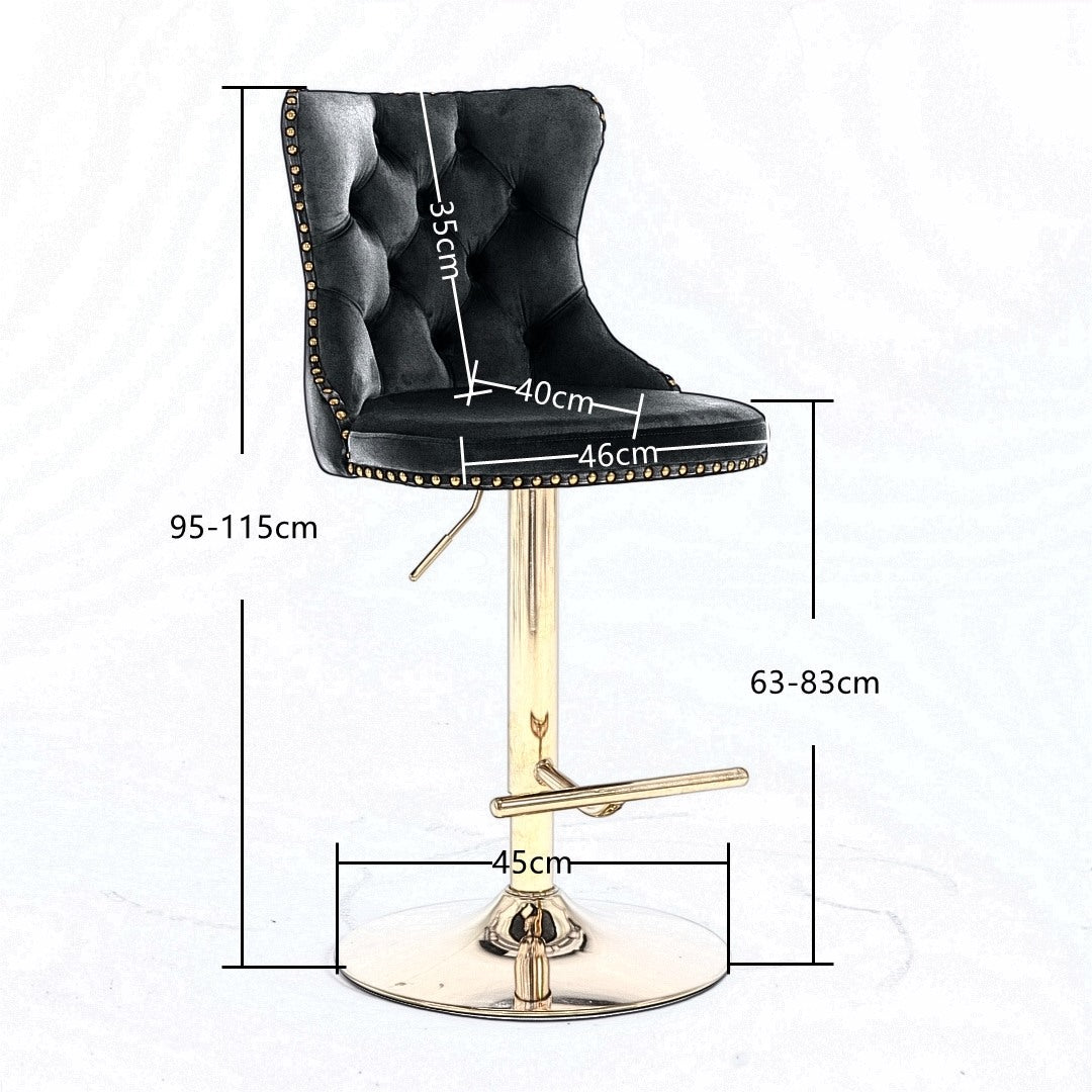 2x Height Adjustable Swivel Bar Stool Velvet Studs Barstool with Footrest and Golden Base- Grey - Cosy Abode