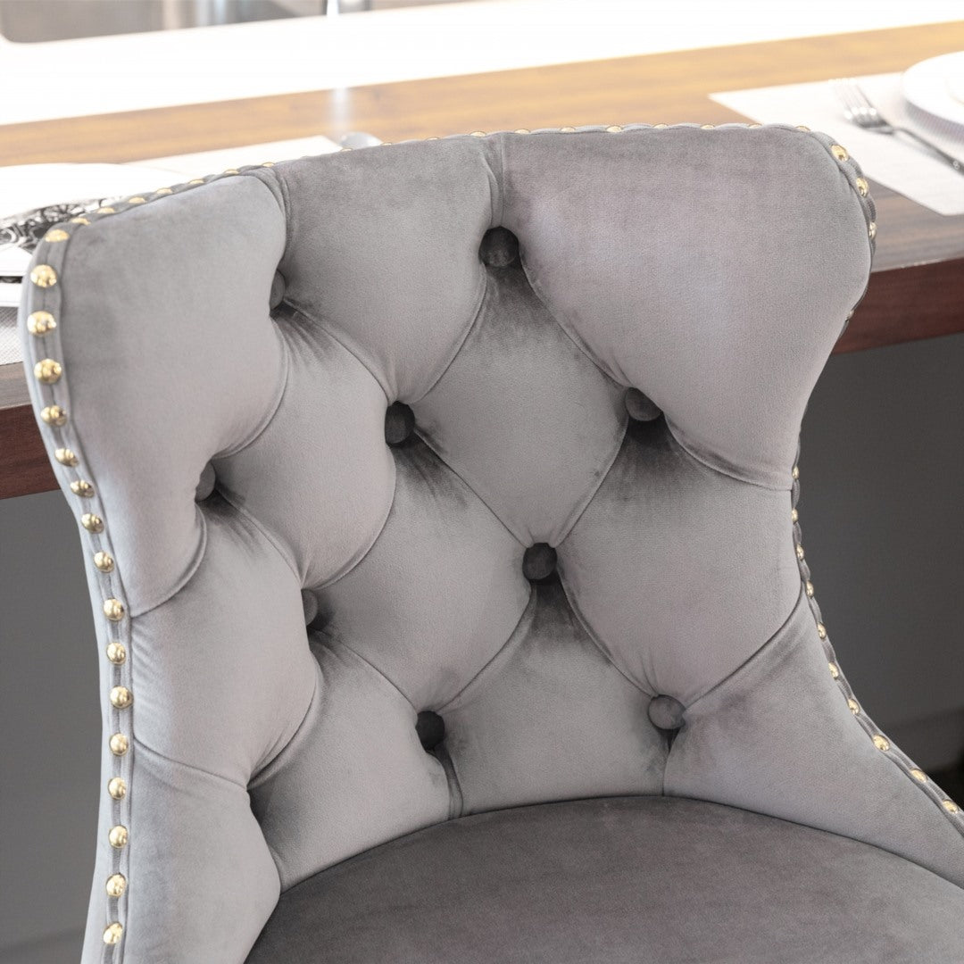 2x Height Adjustable Swivel Bar Stool Velvet Studs Barstool with Footrest and Golden Base- Grey - Cosy Abode