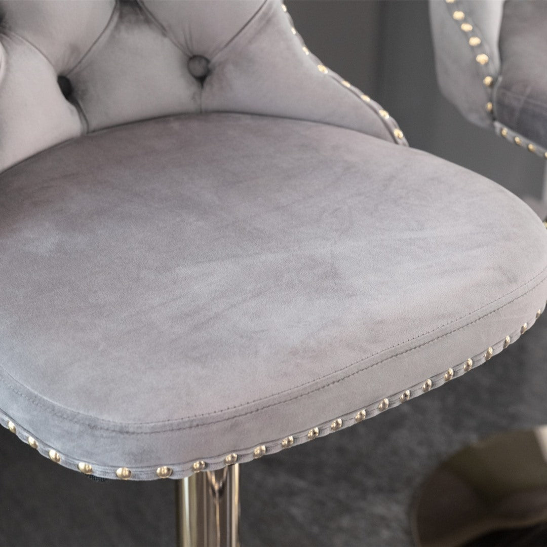 2x Height Adjustable Swivel Bar Stool Velvet Studs Barstool with Footrest and Golden Base- Grey - Cosy Abode