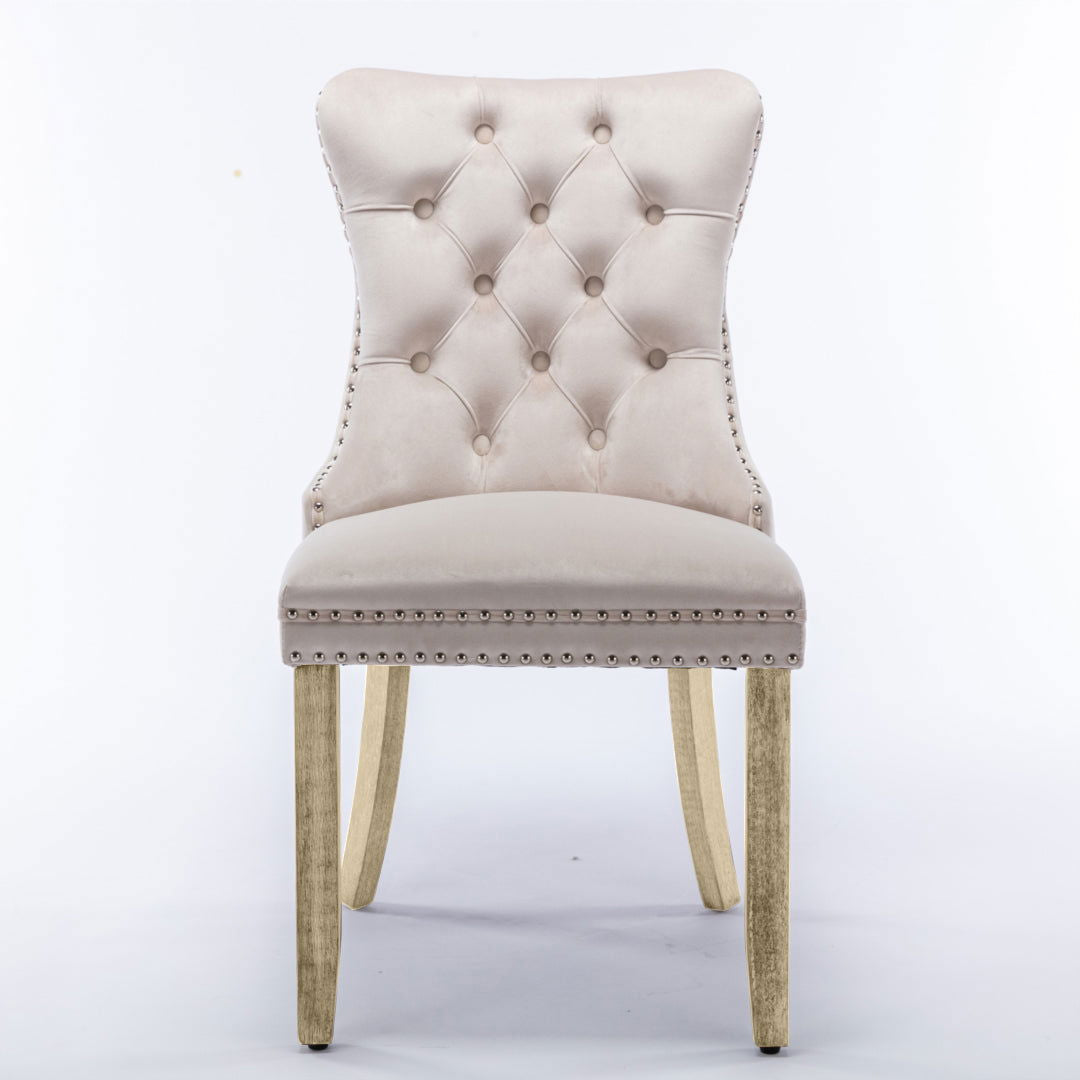 2x Velvet Dining Chairs Upholstered Tufted Kithcen Chair with Solid Wood Legs Stud Trim and Ring-Beige - Cosy Abode