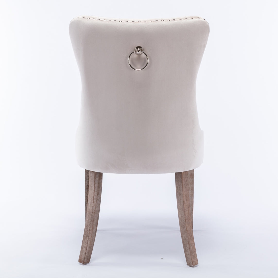 2x Velvet Dining Chairs Upholstered Tufted Kithcen Chair with Solid Wood Legs Stud Trim and Ring-Beige - Cosy Abode