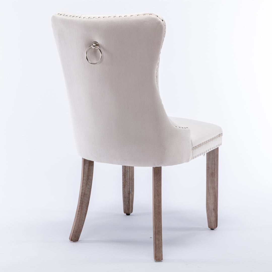 2x Velvet Dining Chairs Upholstered Tufted Kithcen Chair with Solid Wood Legs Stud Trim and Ring-Beige - Cosy Abode
