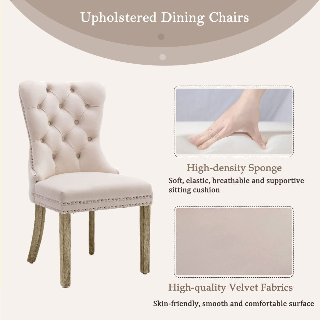2x Velvet Dining Chairs Upholstered Tufted Kithcen Chair with Solid Wood Legs Stud Trim and Ring-Beige - Cosy Abode