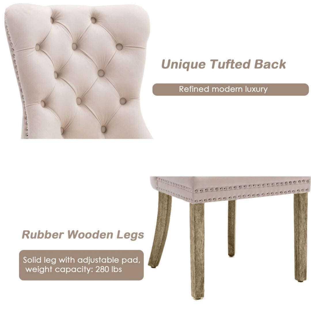 2x Velvet Dining Chairs Upholstered Tufted Kithcen Chair with Solid Wood Legs Stud Trim and Ring-Beige - Cosy Abode