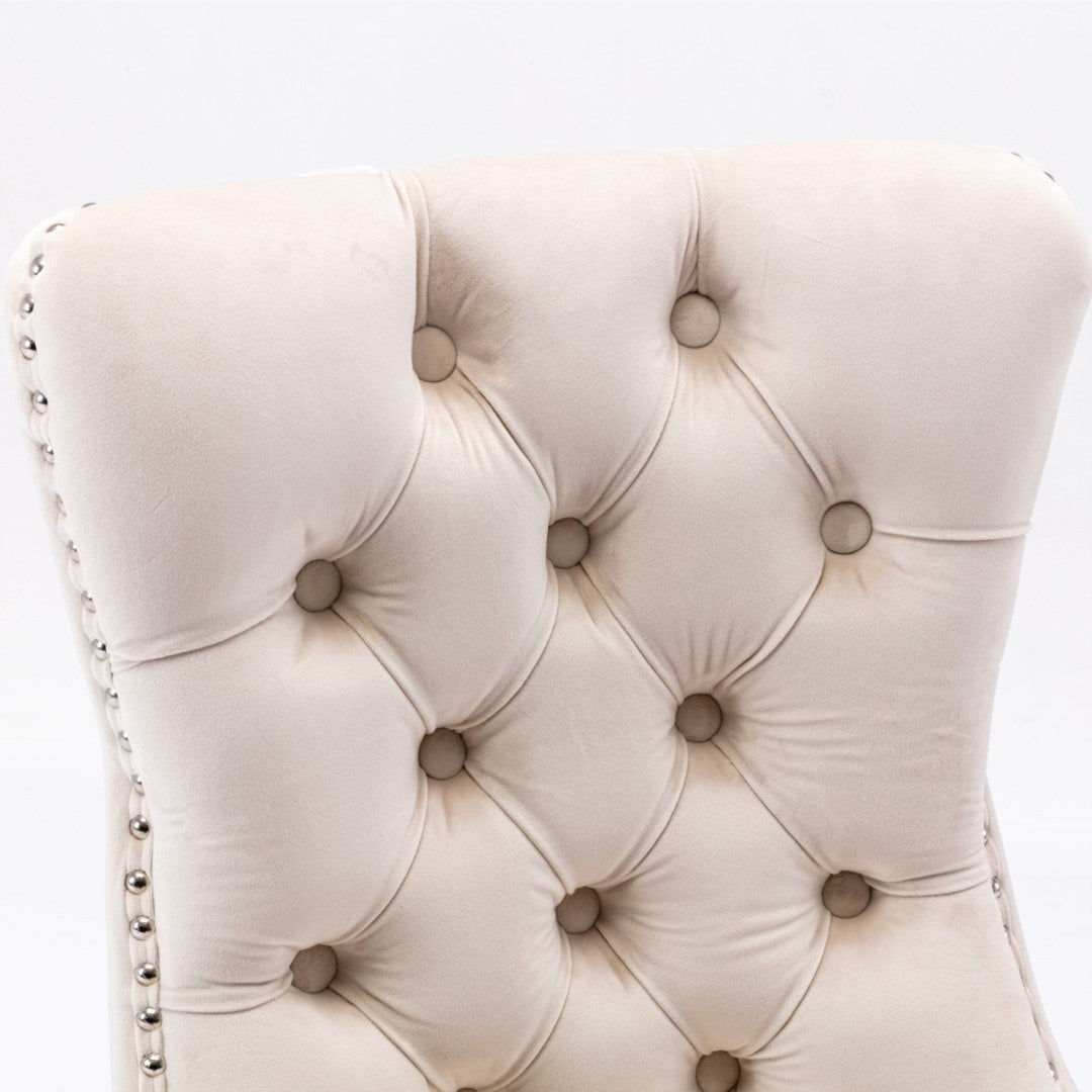 2x Velvet Dining Chairs Upholstered Tufted Kithcen Chair with Solid Wood Legs Stud Trim and Ring-Beige - Cosy Abode