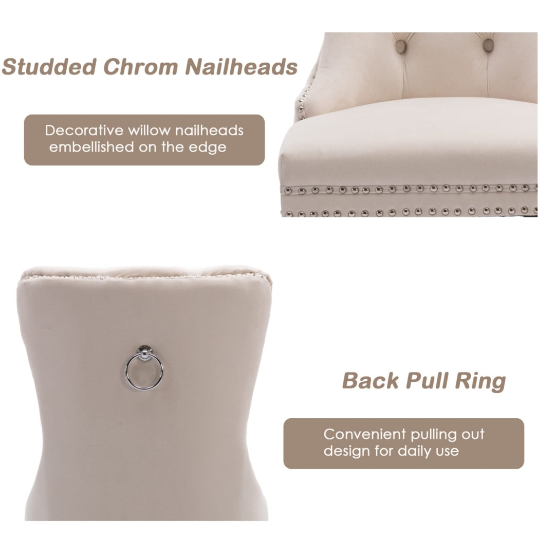 2x Velvet Dining Chairs Upholstered Tufted Kithcen Chair with Solid Wood Legs Stud Trim and Ring-Beige - Cosy Abode