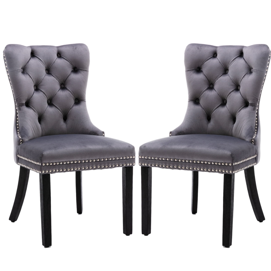 2x Velvet Dining Chairs Upholstered Tufted Kithcen Chair with Solid Wood Legs Stud Trim and Ring-Gray - Cosy Abode