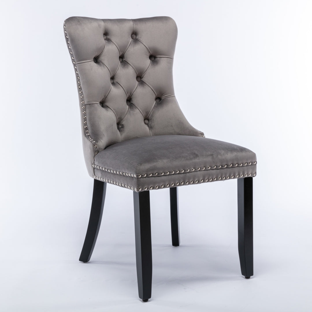 2x Velvet Dining Chairs Upholstered Tufted Kithcen Chair with Solid Wood Legs Stud Trim and Ring-Gray - Cosy Abode