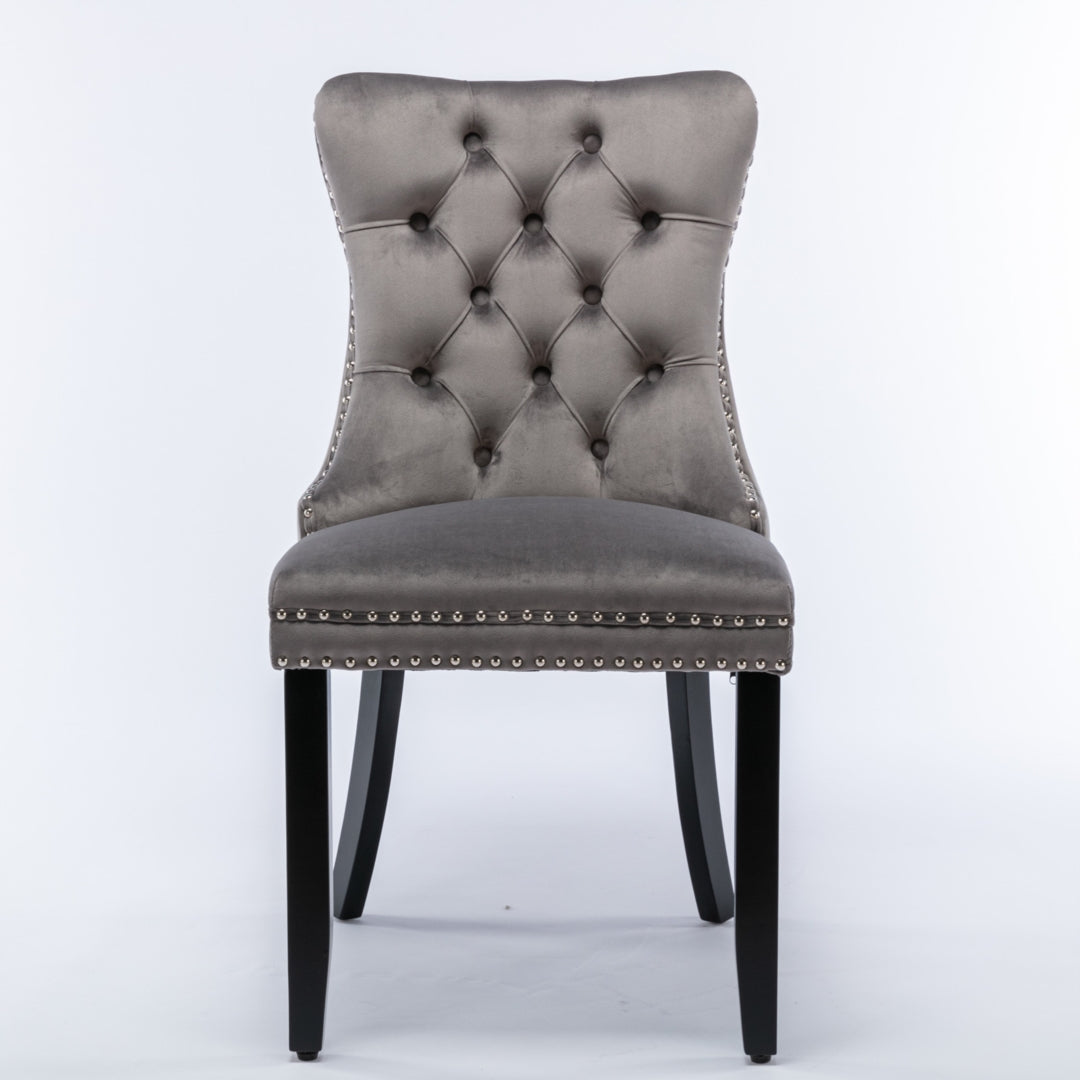 2x Velvet Dining Chairs Upholstered Tufted Kithcen Chair with Solid Wood Legs Stud Trim and Ring-Gray - Cosy Abode