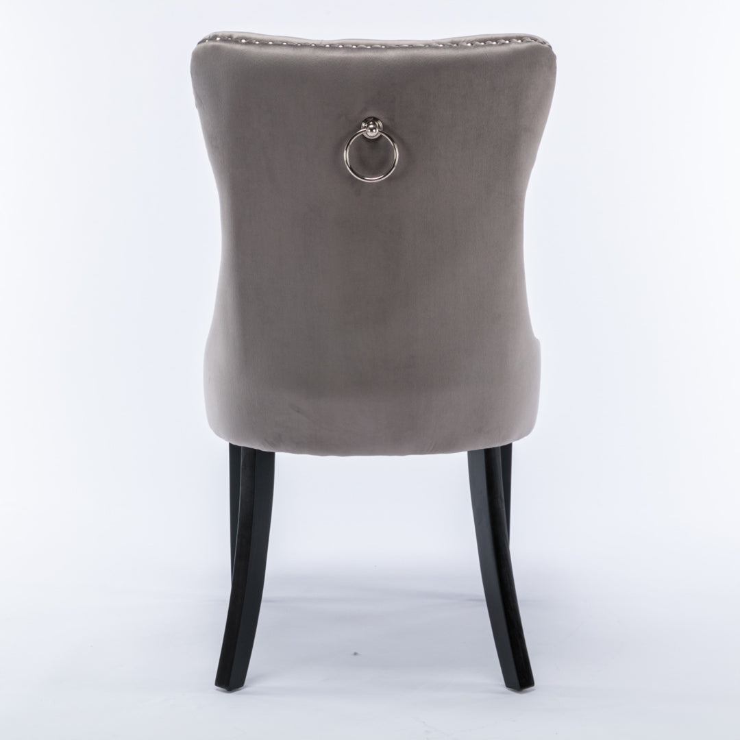 2x Velvet Dining Chairs Upholstered Tufted Kithcen Chair with Solid Wood Legs Stud Trim and Ring-Gray - Cosy Abode