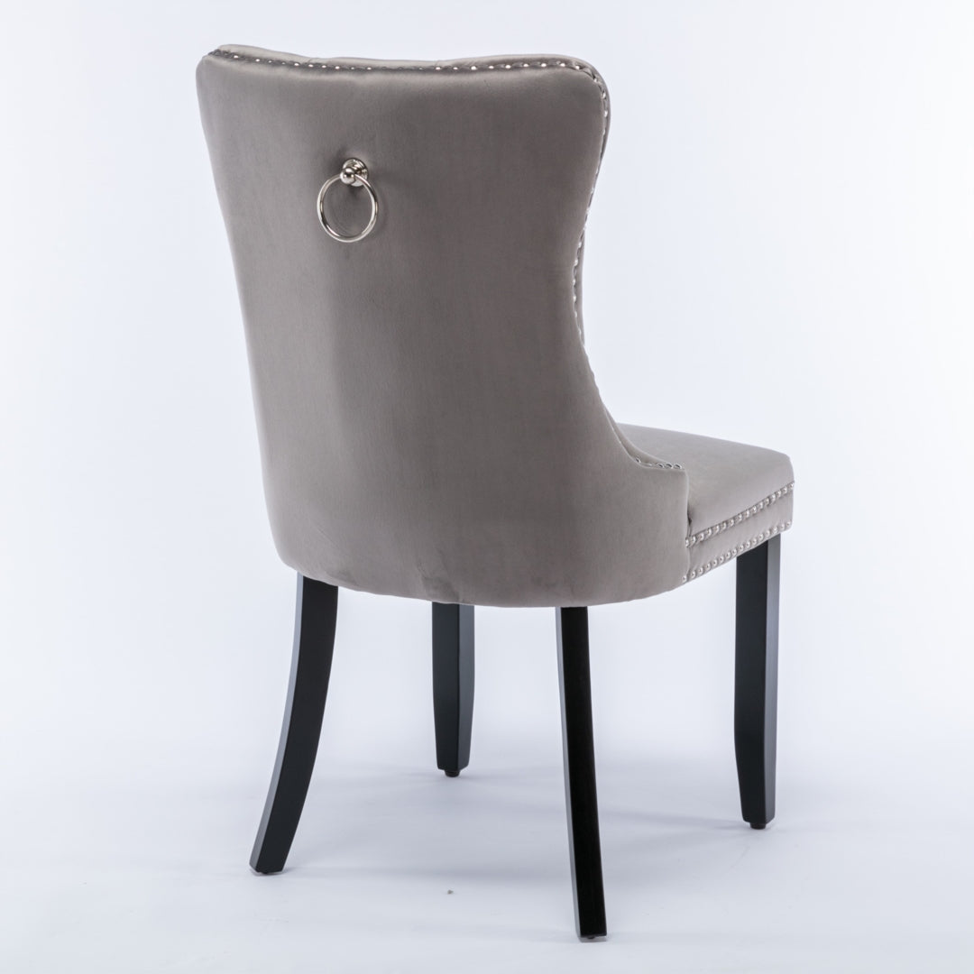 2x Velvet Dining Chairs Upholstered Tufted Kithcen Chair with Solid Wood Legs Stud Trim and Ring-Gray - Cosy Abode
