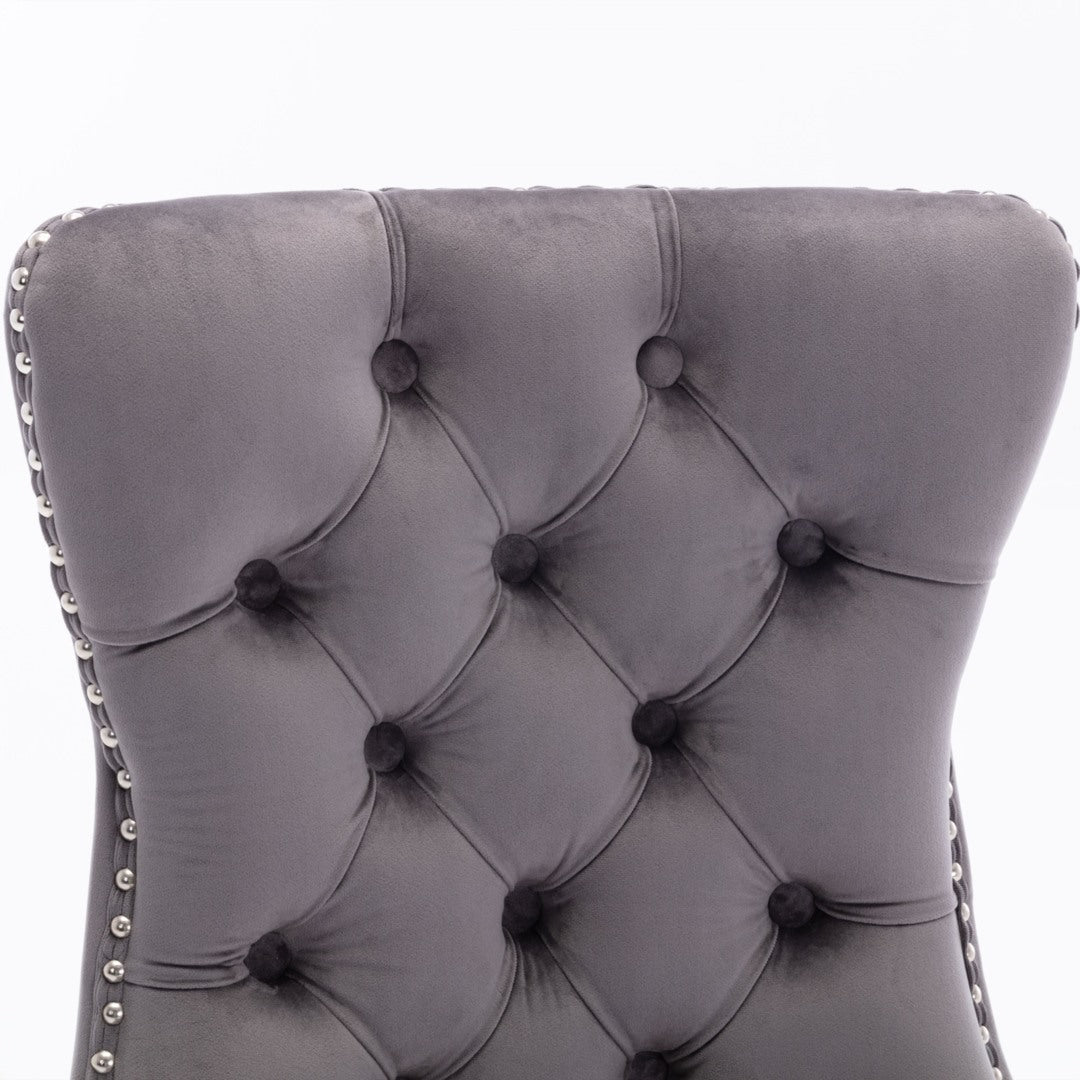 2x Velvet Dining Chairs Upholstered Tufted Kithcen Chair with Solid Wood Legs Stud Trim and Ring-Gray - Cosy Abode