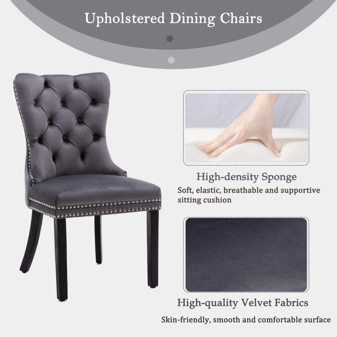 2x Velvet Dining Chairs Upholstered Tufted Kithcen Chair with Solid Wood Legs Stud Trim and Ring-Gray - Cosy Abode