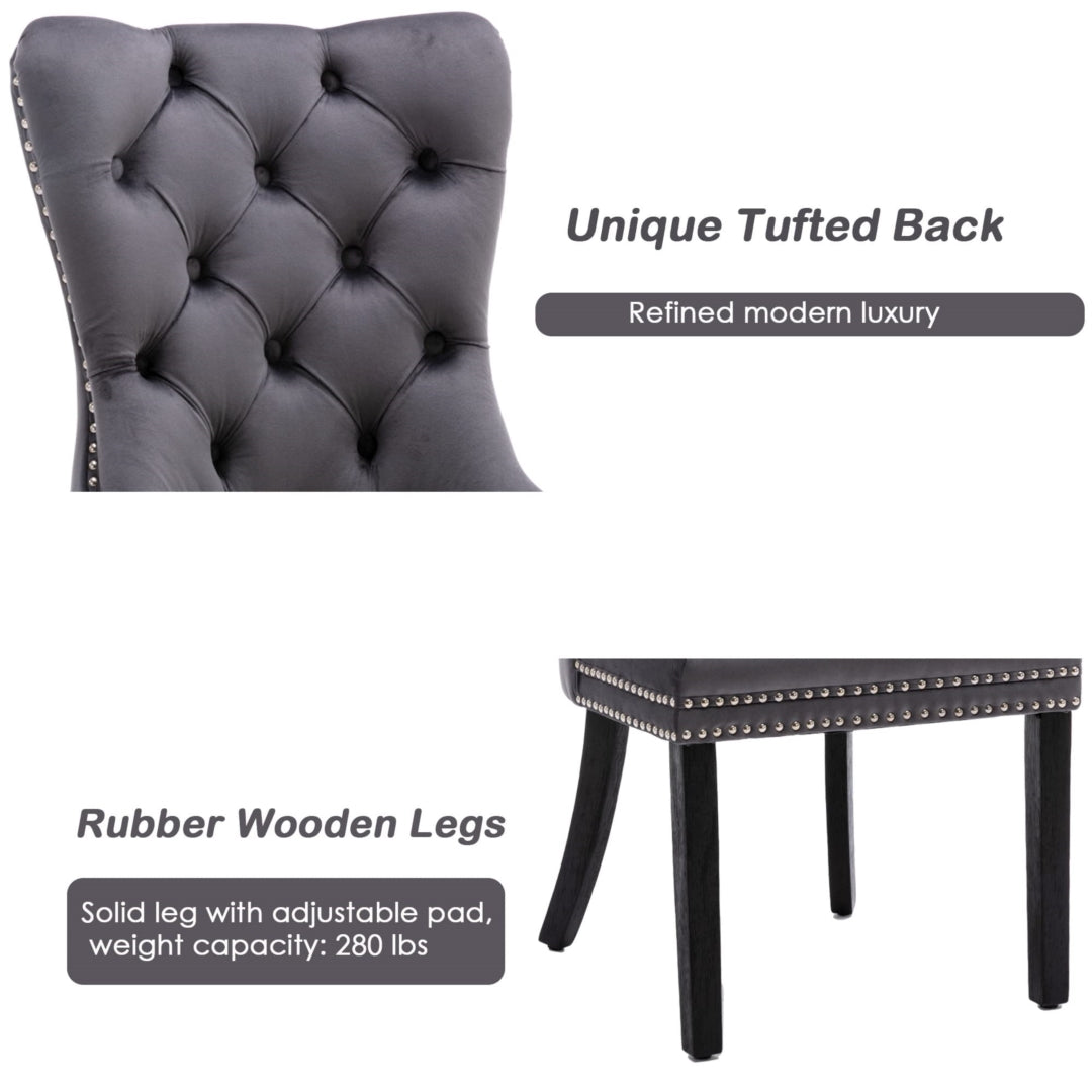 2x Velvet Dining Chairs Upholstered Tufted Kithcen Chair with Solid Wood Legs Stud Trim and Ring-Gray - Cosy Abode