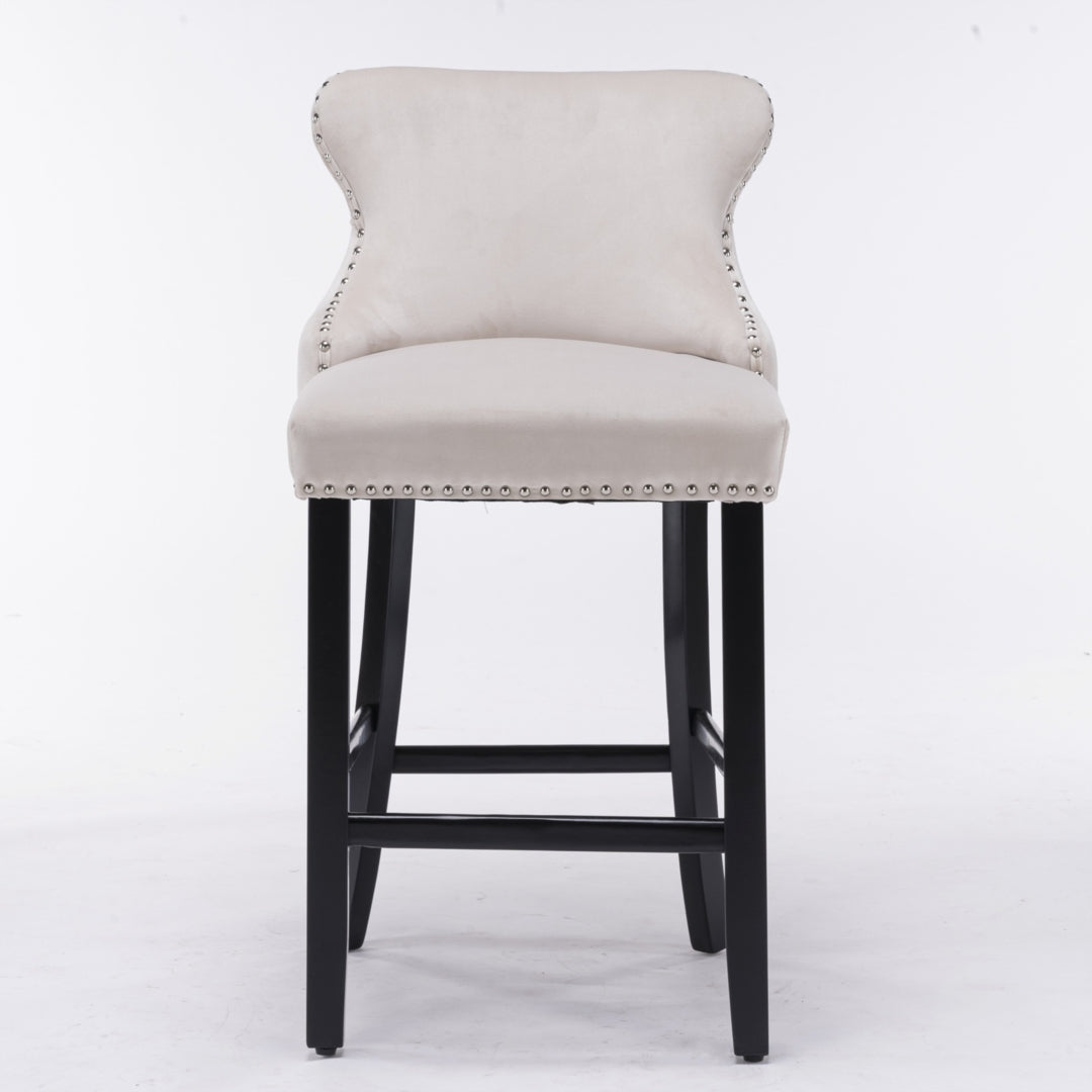 2x Velvet Upholstered Button Tufted Bar Stools with Wood Legs and Studs-Beige - Cosy Abode