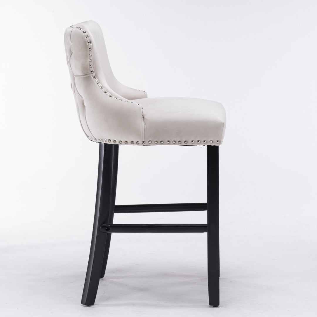 2x Velvet Upholstered Button Tufted Bar Stools with Wood Legs and Studs-Beige - Cosy Abode