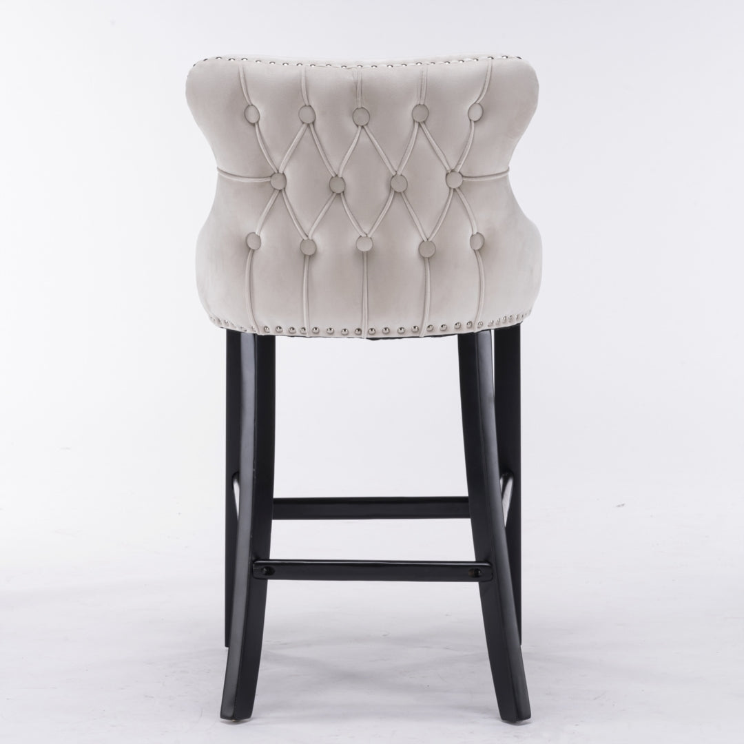 2x Velvet Upholstered Button Tufted Bar Stools with Wood Legs and Studs-Beige - Cosy Abode