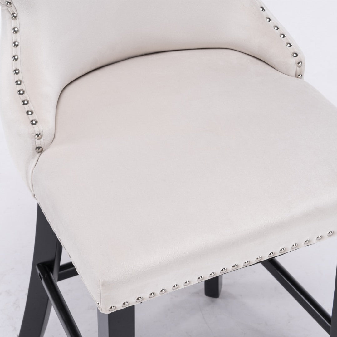 2x Velvet Upholstered Button Tufted Bar Stools with Wood Legs and Studs-Beige - Cosy Abode