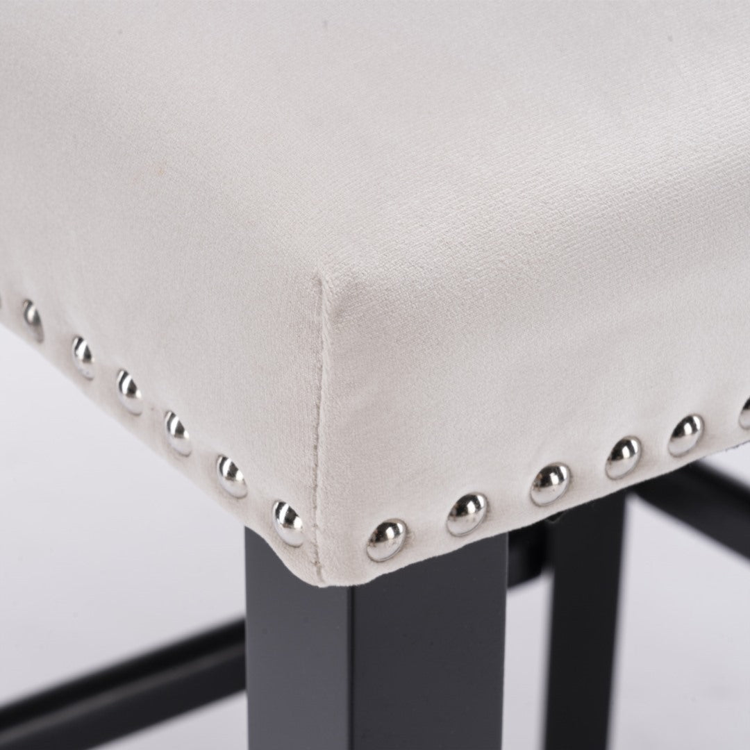 2x Velvet Upholstered Button Tufted Bar Stools with Wood Legs and Studs-Beige - Cosy Abode