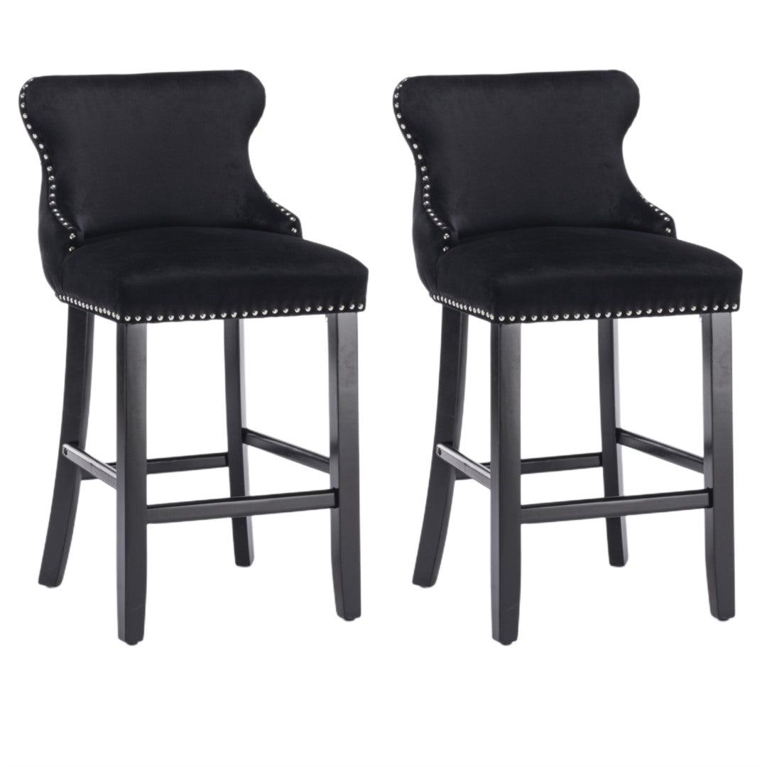 2x Velvet Upholstered Button Tufted Bar Stools with Wood Legs and Studs-Black - Cosy Abode